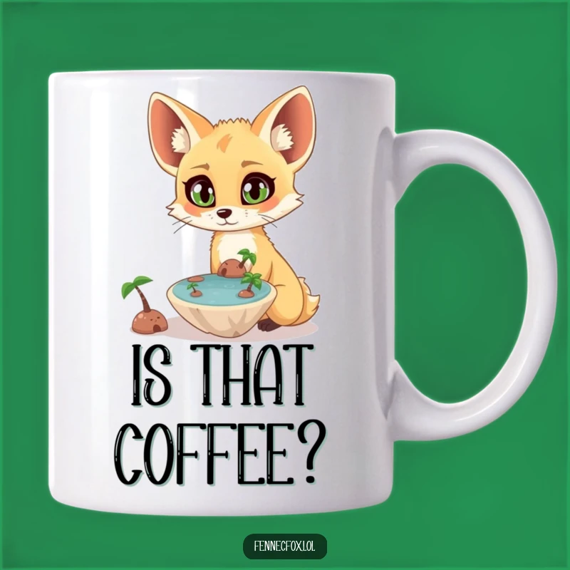 Funny Fennec Fox Mug: Surprised Fox Observing Floating Oasis, Perfect Funny Gift!