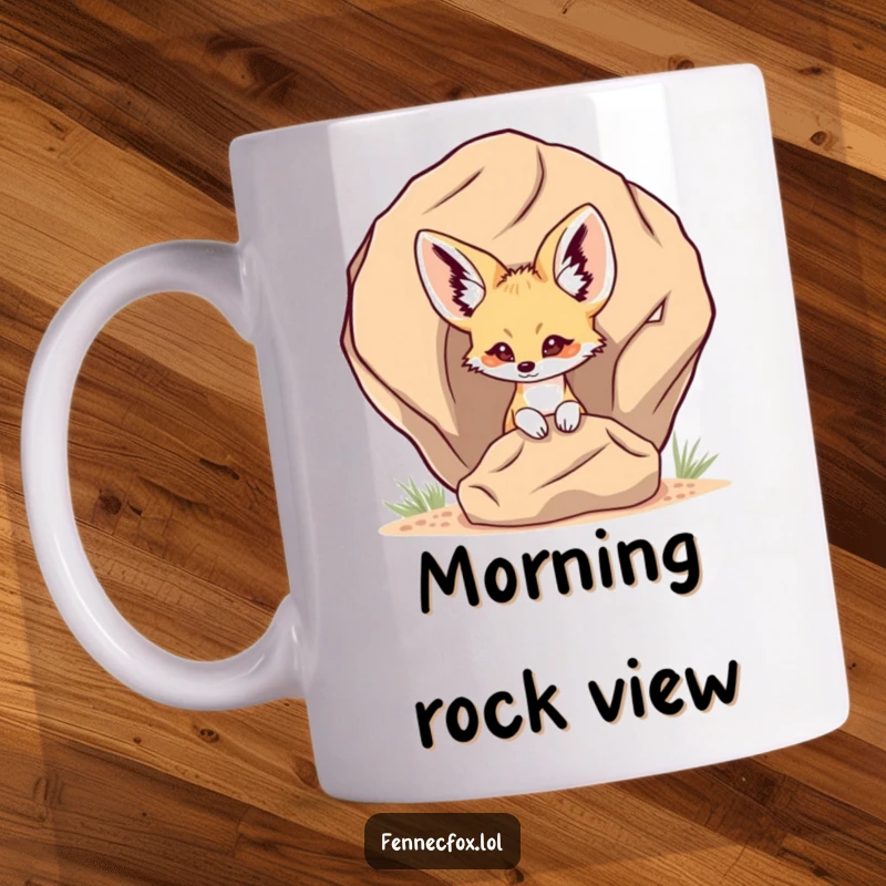 Funny Fennec Fox Mug with a shy fennec fox peeking out from behind a large desert rock, inviting a playful game of peek-a-boo.