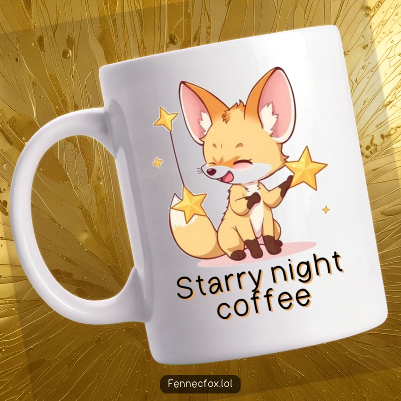 Funny mug featuring a giggling fennec fox playfully batting at a sparkling desert star, evoking nighttime wonder.
