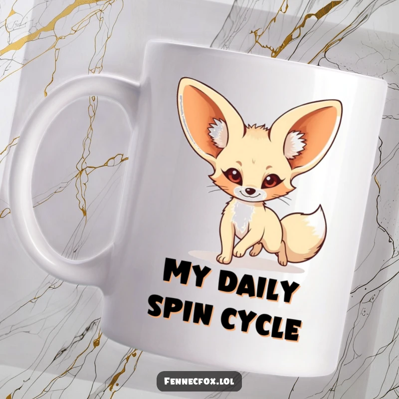 Funny fennec fox mug featuring a cartoon fox with huge ears gleefully chasing its own tail in a playful loop.