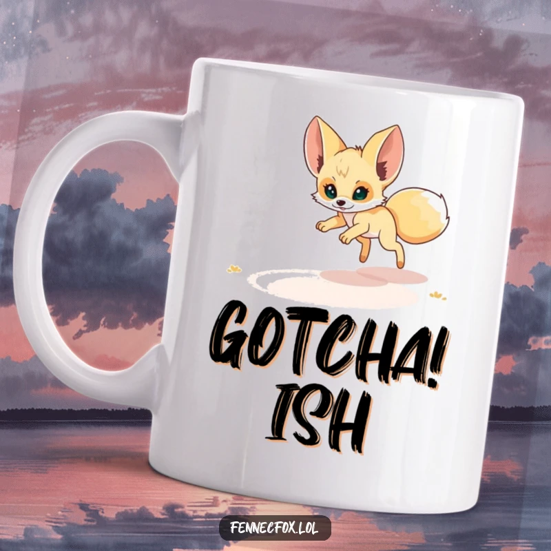Funny Fennec Fox Mug: A playful fennec fox leaps towards a shimmering desert mirage, embodying hopeful silliness and desert dreams.