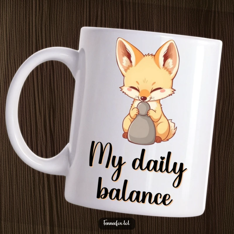 Funny Fennec Fox Mug showing a fennec fox with intense concentration, balancing a small pebble perfectly on its nose, a humorous feat.