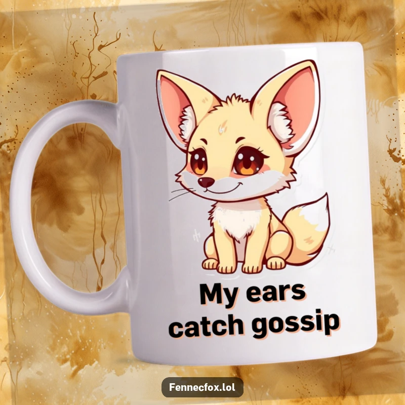 Funny fennec fox mug featuring a curious character with large, perked ears, intently listening to everything around them.