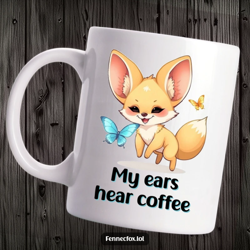 Funny kawaii fennec fox with huge ears gleefully chasing a sparkly butterfly, capturing pure joy and whimsical fun. A delightful gift idea.