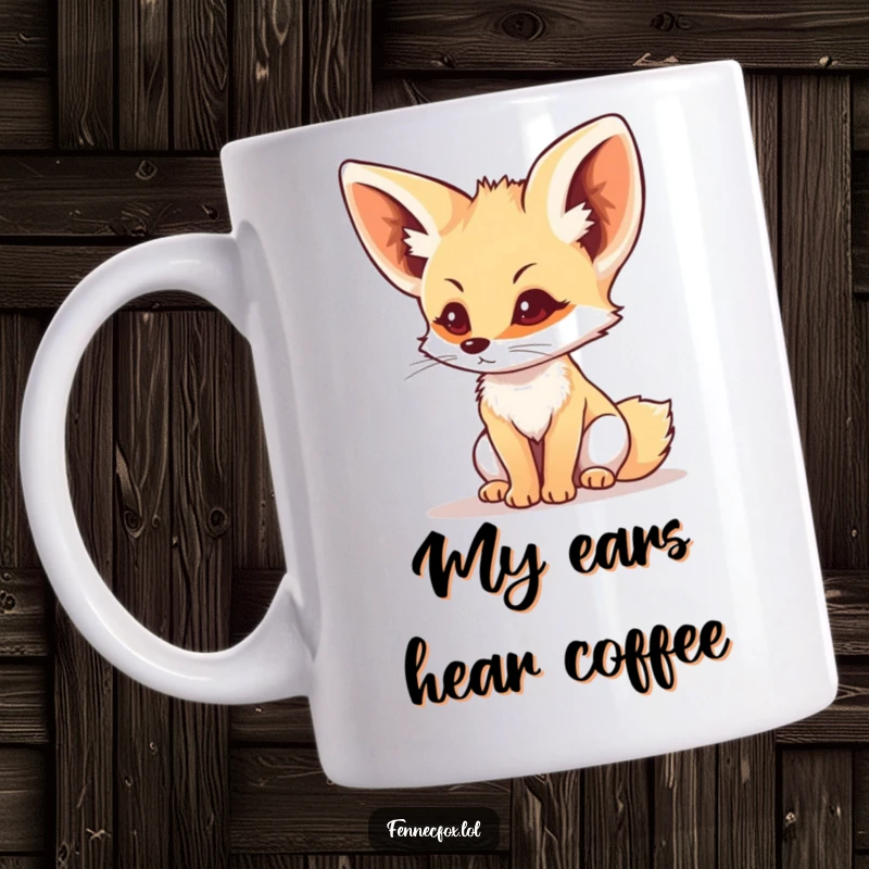 Funny fennec fox with perked ears intently listening to a distant sound, featured on a mug, a humorous and thoughtful gift.