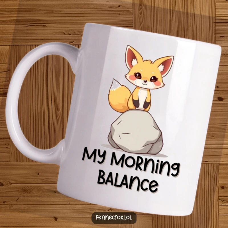 Funny fennec fox mug, character with large ears, intensely focused on balancing a small, smooth rock on its head.