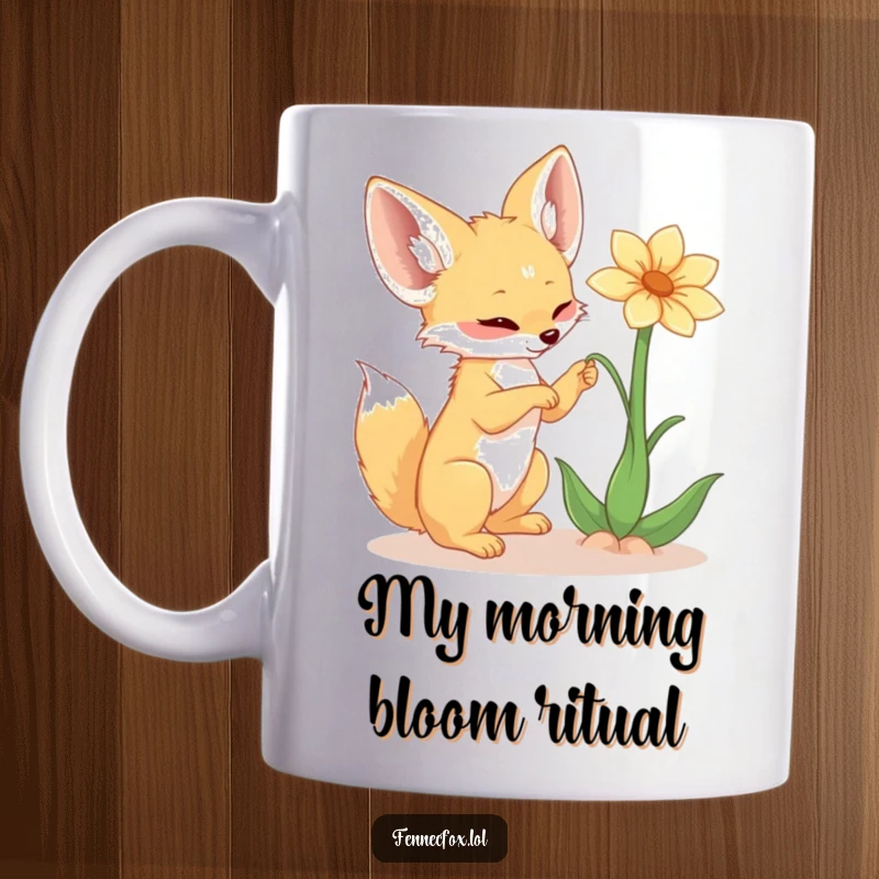 Funny fennec fox mug, with giant ears, playfully swatting at a delicate floating desert flower, conveying pure joy and silliness.