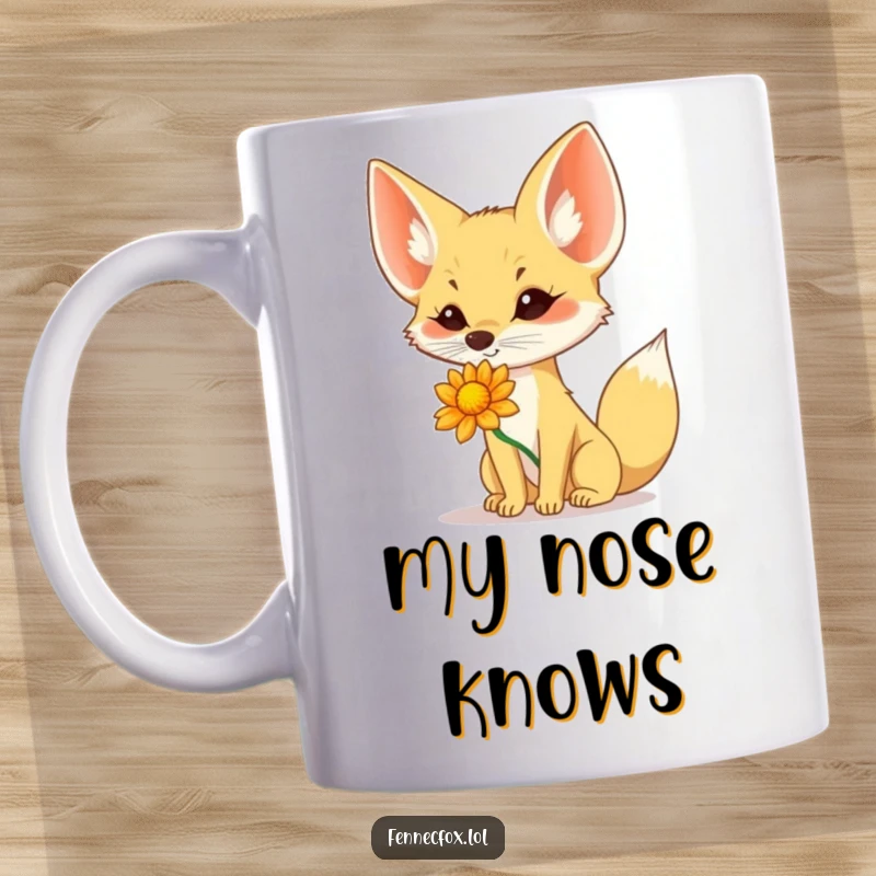 Funny Fennec Fox Mug: A fennec fox adorably balances a large desert flower on its nose with focus and charm.