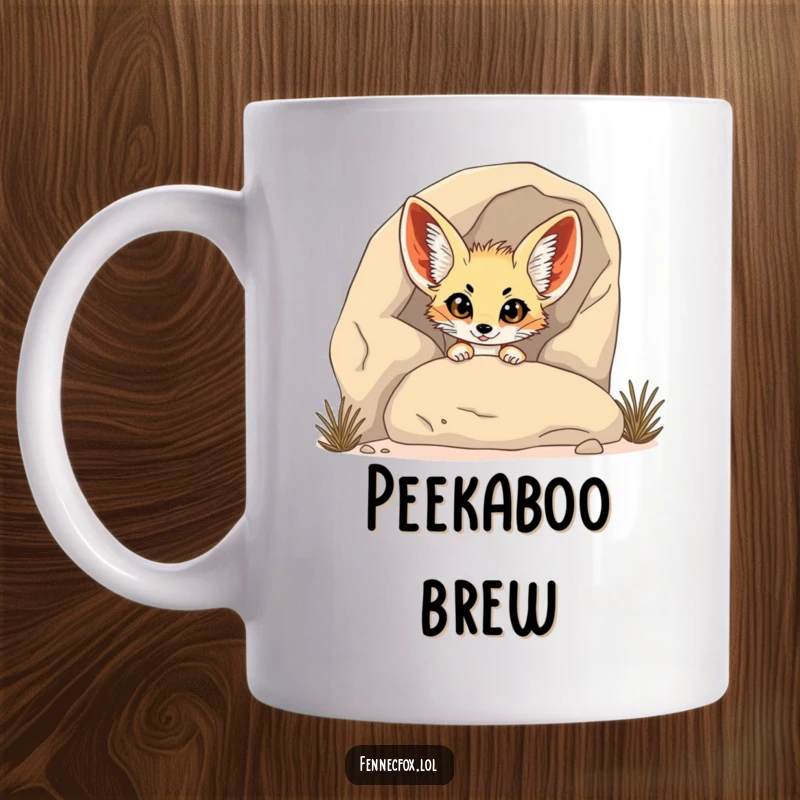 Funny Fennec Fox Mug: A fennec fox peeks out from behind a desert rock with wide, innocent eyes, embodying shy curiosity.
