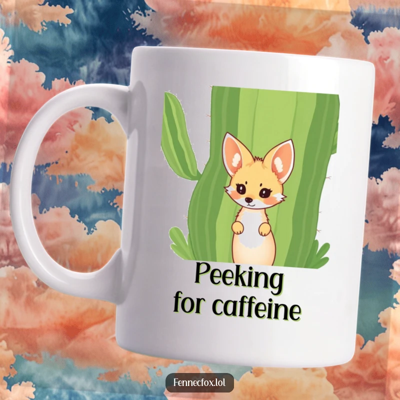 Funny Fennec Fox Mug showing a curious fox with large ears peeking playfully from behind a giant, spiky desert cactus.