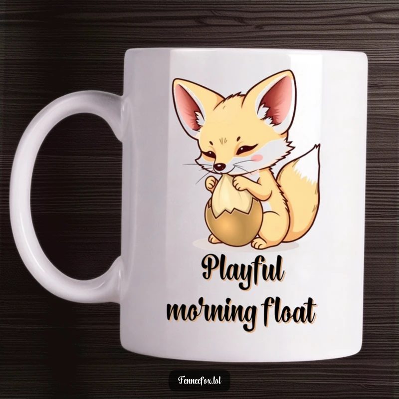 Funny Mug featuring a fennec fox playfully batting at a floating desert seed pod, showcasing its curious and playful nature.