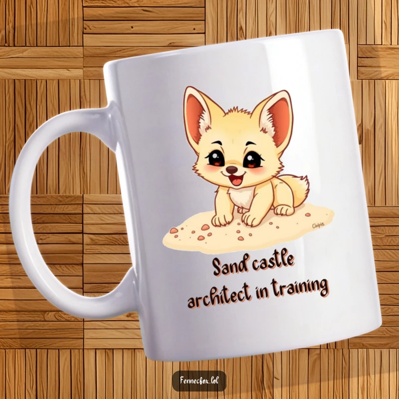 Funny fennec fox cub with an excited expression, enthusiastically digging in soft sand, perfect for a unique mug gift.