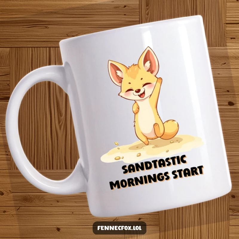Funny fennec fox mug featuring a joyful character doing a somersault in soft, golden sand, showcasing pure happiness and energy.