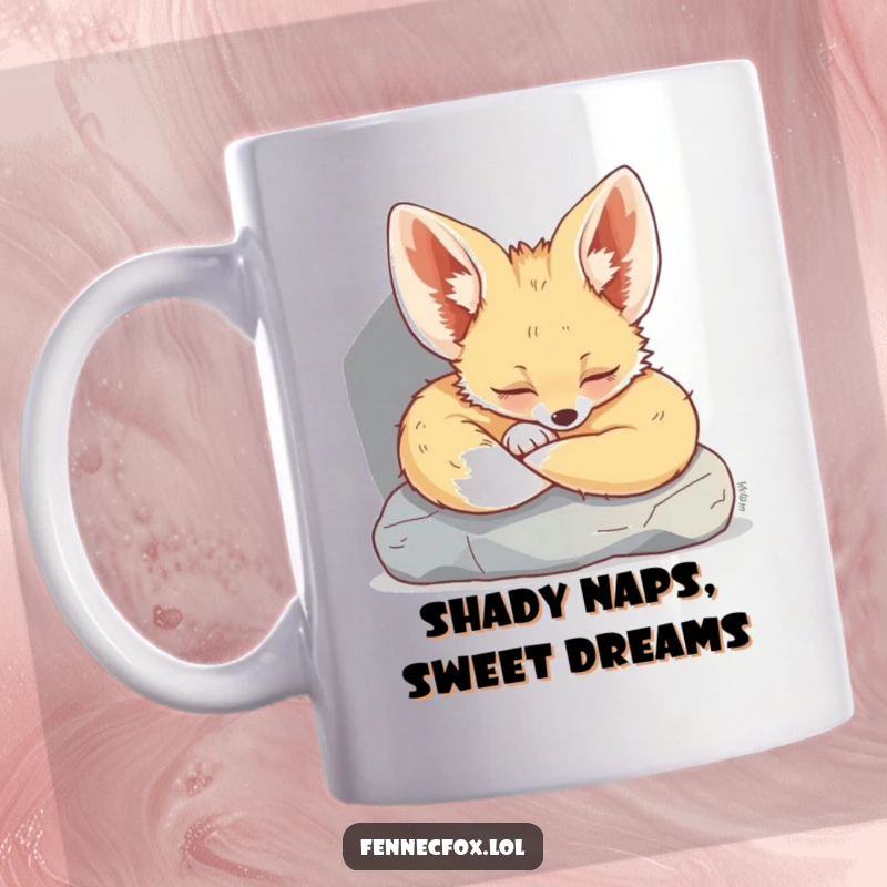Funny Fennec Fox Mug: A cute, sleepy fennec fox snoozing peacefully under a rock, looking incredibly cozy and relaxed.
