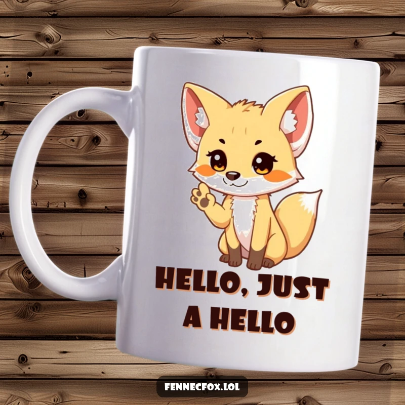 Funny shy Fennec Fox mug, offering a small, cute wave with its tiny paw, exuding bashful charm.