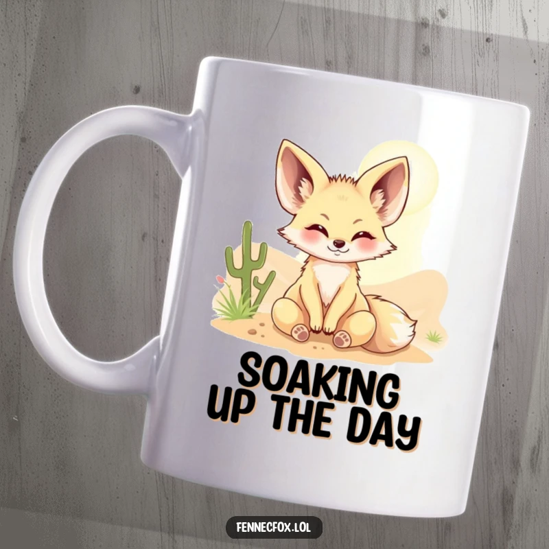 Funny Fennec fox mug featuring a happy character basking contentedly in a warm, golden desert sunbeam, embodying pure relaxation.