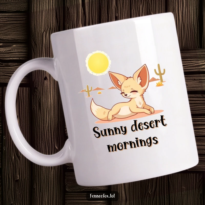 Funny mug with a fennec fox stretching luxuriously under a bright desert sun, embodying pure, hilarious relaxation.