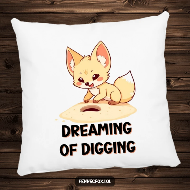 Funny fennec fox pillow featuring a cartoon desert fox digging happily in sand, symbolizing energetic fun and comfort.