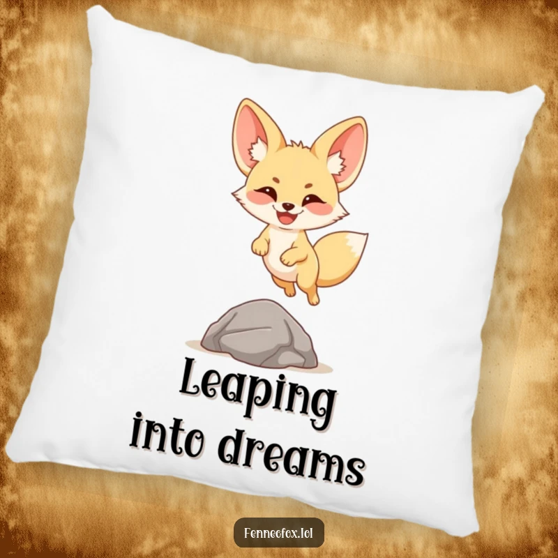 Funny fennec fox pillow featuring a cartoon desert fox with a big smile leaping over a small rock, symbolizing joy and comfort.