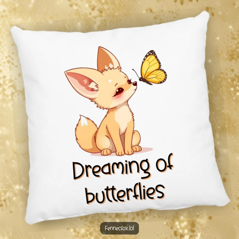 Funny Fennec Fox Pillow, a soft cushion depicting a cute desert fox tilting its head with curiosity towards a butterfly.