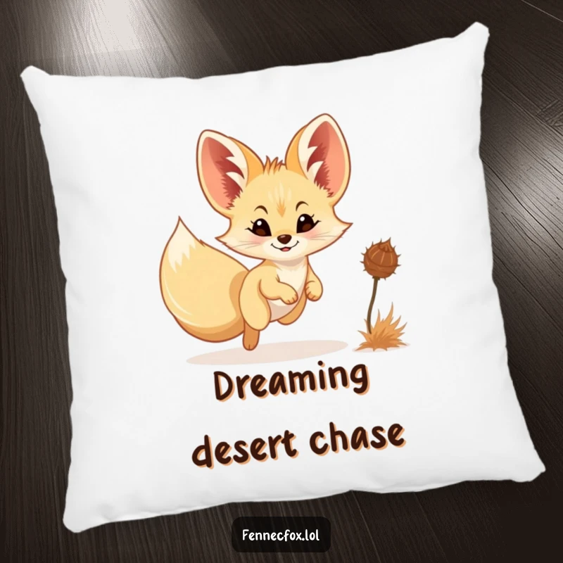 Funny Fennec Fox Pillow: A sweet fennec fox with a tiny smile is depicted playfully chasing a tumbling tumbleweed, offering comfort and humor.