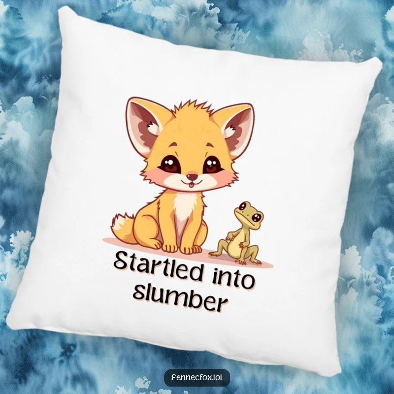 Funny fennec fox pillow, soft and plush, with a look of comical surprise at a tiny desert lizard, bringing warmth and laughter.