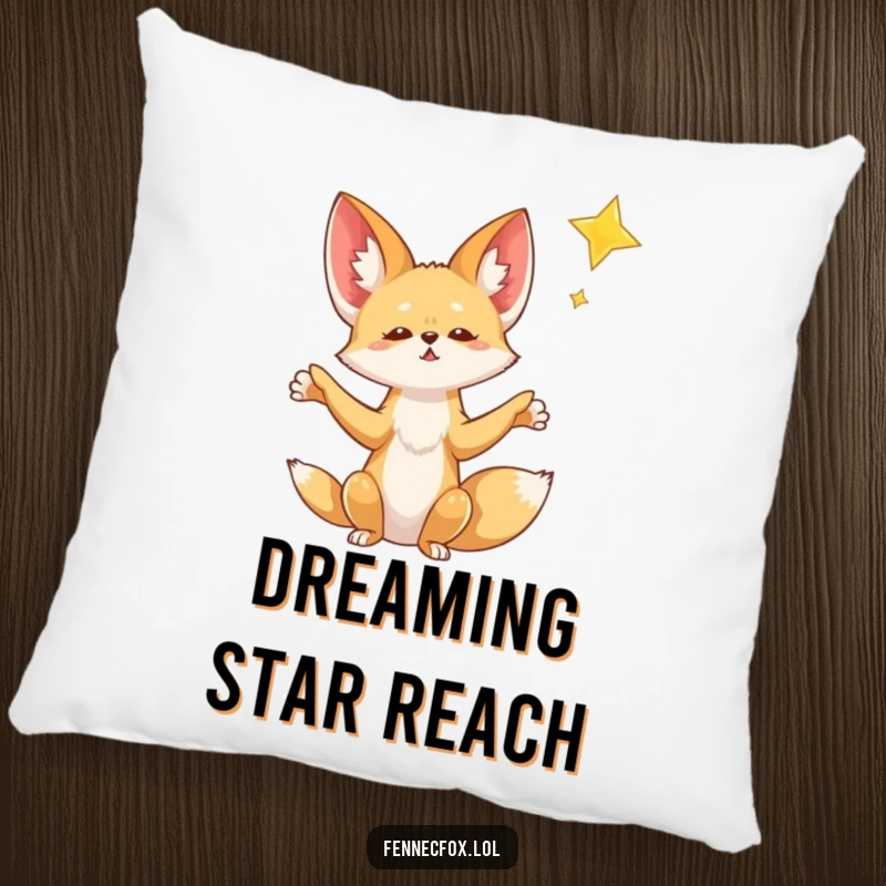 Funny Fennec Fox Pillow: A fennec fox with outstretched paws reaches for a falling star, offering soft comfort and whimsical humor.