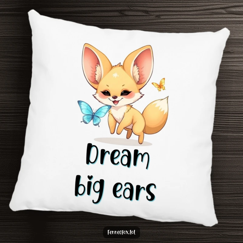 Funny kawaii fennec fox with huge ears joyfully chasing a shimmering butterfly, depicted on a soft, decorative pillow. A cute and funny accent.