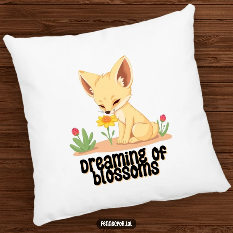 Funny Fennec Fox Pillow: A soft cushion showcasing a curious fennec fox sniffing a tiny desert flower, perfect for adding whimsy to sofas and beds.