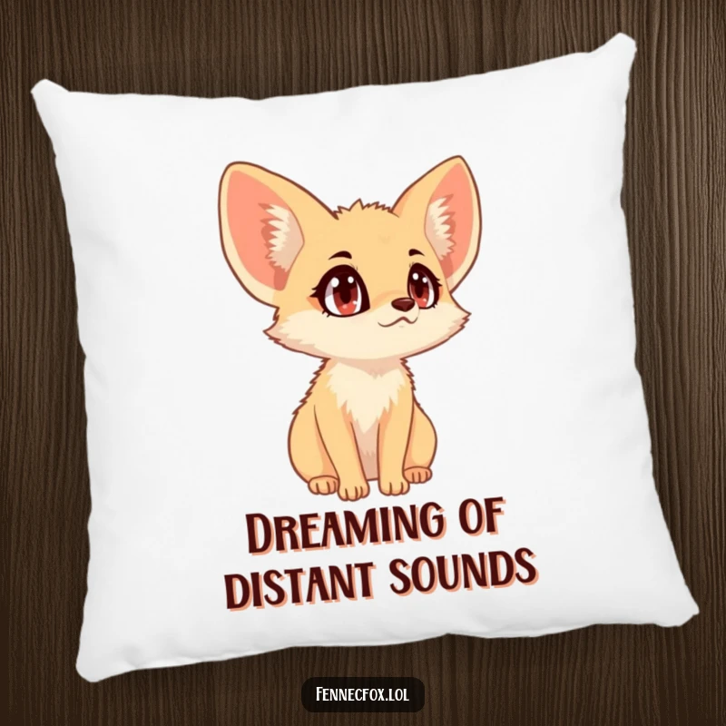 Funny fennec fox with wide eyes, big ears, listening attentively, cute decorative pillow, humorous.