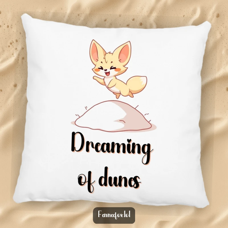 Funny Pillow: Fennec fox character joyfully leaping over a small dune, soft and decorative, perfect for cute animal fans, funny gift.