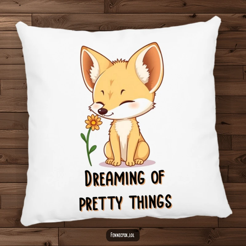 Funny Fennec Fox pillow with a cute fox balancing a small desert flower on its nose, perfect for cozy decor.