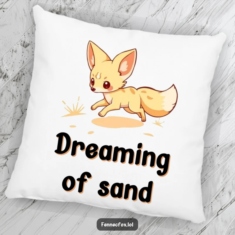 Funny accent pillow featuring a fennec fox character scampering across a sandy landscape, providing soft, decorative comfort with a desert and humorous touch.