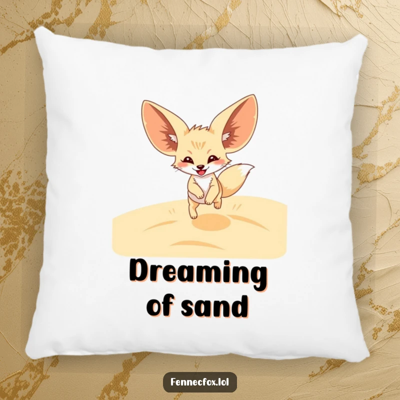 Funny Fennec Fox Pillow illustrating a happy fox with huge ears joyfully leaping across sandy desert dunes. Soft and humorous decor.