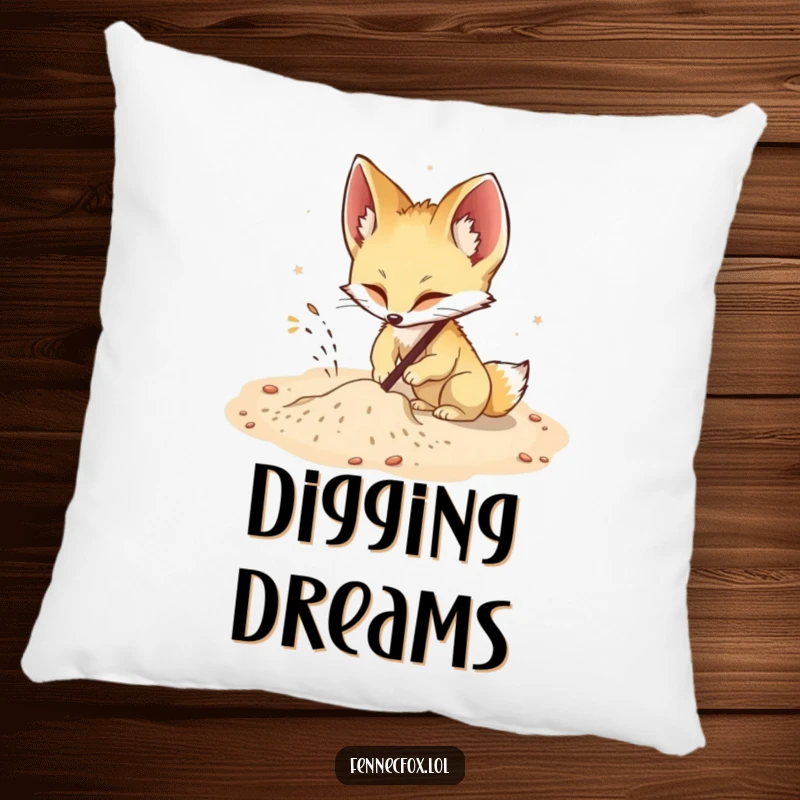Funny Fennec Fox Pillow: A fennec fox digs enthusiastically in sand, a funny and comforting addition to your space.