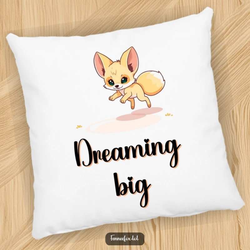 Funny Fennec Fox Pillow: A fennec fox hilariously leaps for a desert mirage, bringing a touch of funny desert fantasy indoors.
