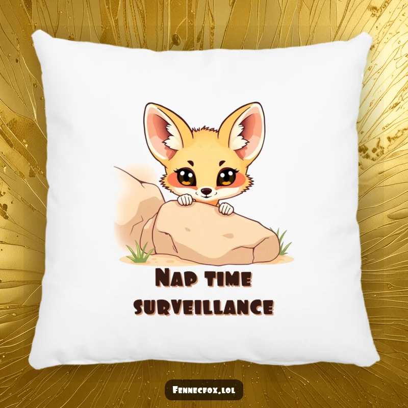 Funny fennec fox peeking from behind a desert rock, on a soft pillow, adding a touch of humorous comfort to any room.