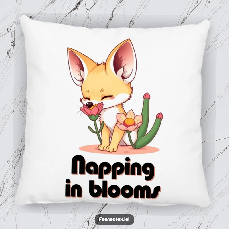 Funny Pillow featuring a fennec fox excitedly sniffing a desert flower, offering comfort and a humorous nod to desert exploration.