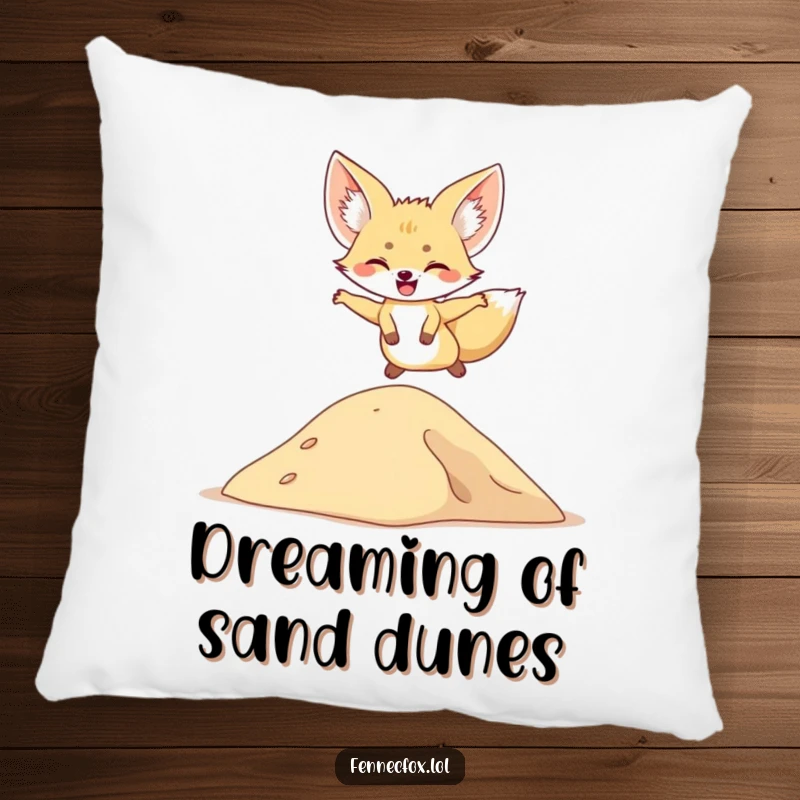 Funny pillow featuring a fennec fox leaping over a sand dune, perfect for adding playful desert vibes.