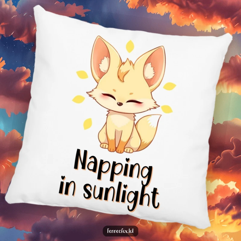 Funny fennec fox pillow, showing a character with eyes slowly closing in bright sunlight, embodying a peaceful and humorous slow-motion moment.