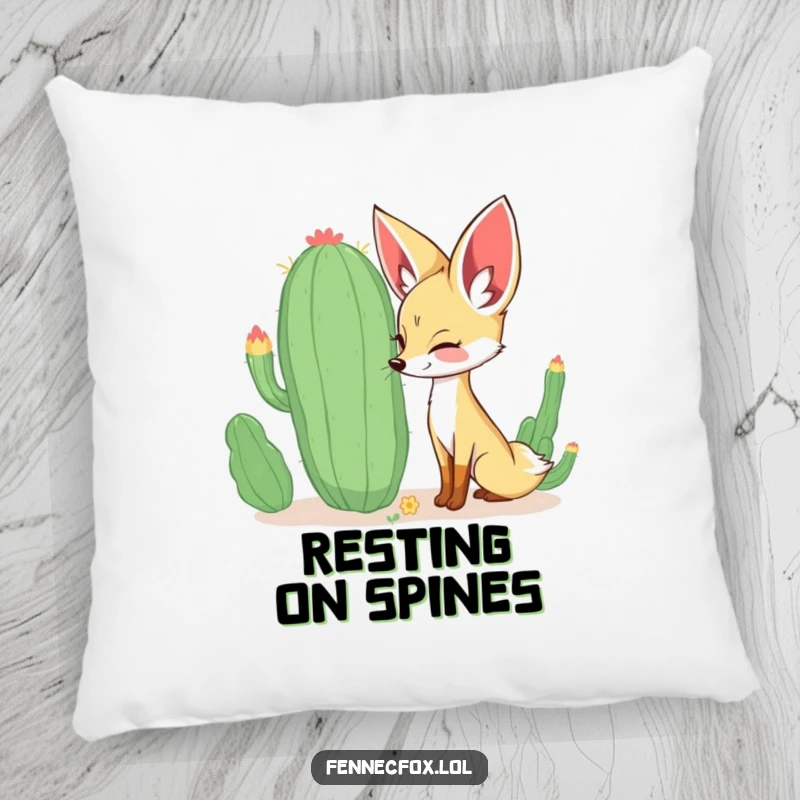 Funny curious fennec fox sniffing a large, whimsical cactus with a happy expression, on a soft and decorative pillow. A cute and funny accent.