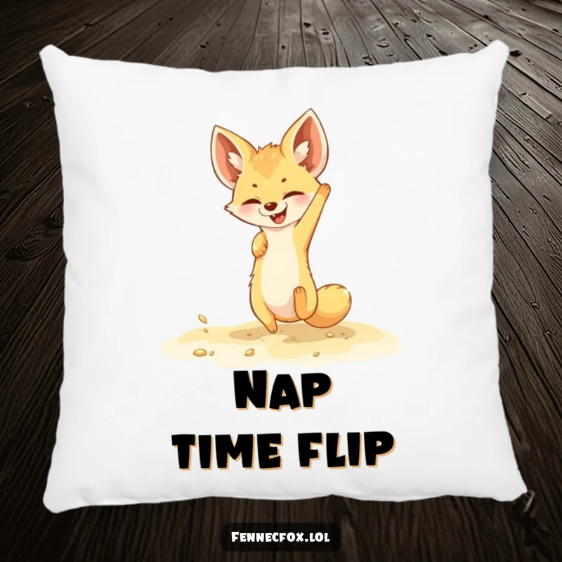 Funny fennec fox pillow showcasing a playful character doing a somersault in golden sand, adding a cozy and energetic touch.