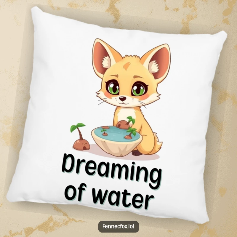 Funny surprised fennec fox with wide eyes observing a tiny, floating oasis, on a soft and decorative pillow. A cute and funny accent.
