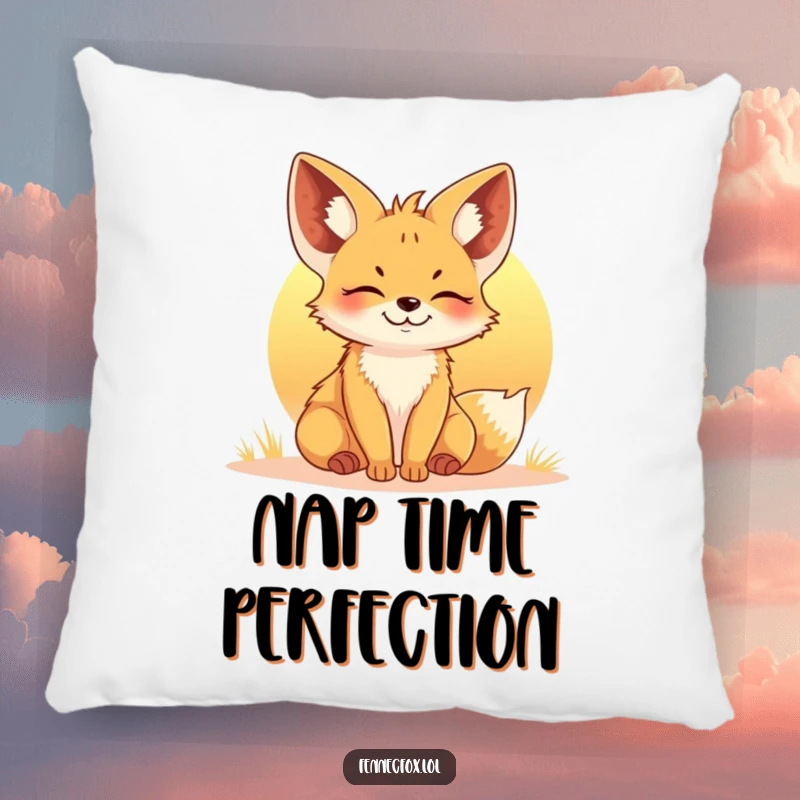 Funny Fennec Fox Pillow: A content fox basking in the warm light of a setting sun, adding humor and comfort to any room.