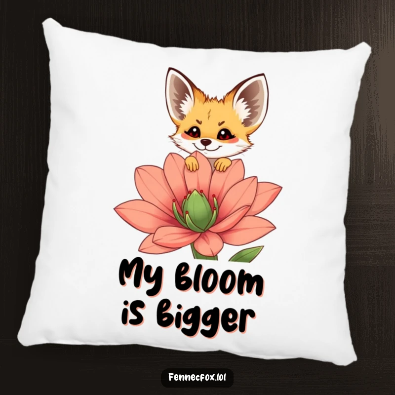 Funny fennec fox pillow with a cute character peeking over a giant desert flower, adding a cozy and whimsical touch to home decor.