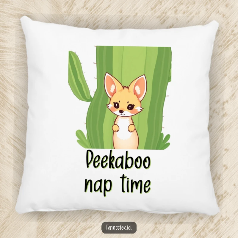 Funny Fennec Fox Pillow featuring a curious fox with oversized ears peeking from behind a giant cactus. Soft, comfortable, and humorous.