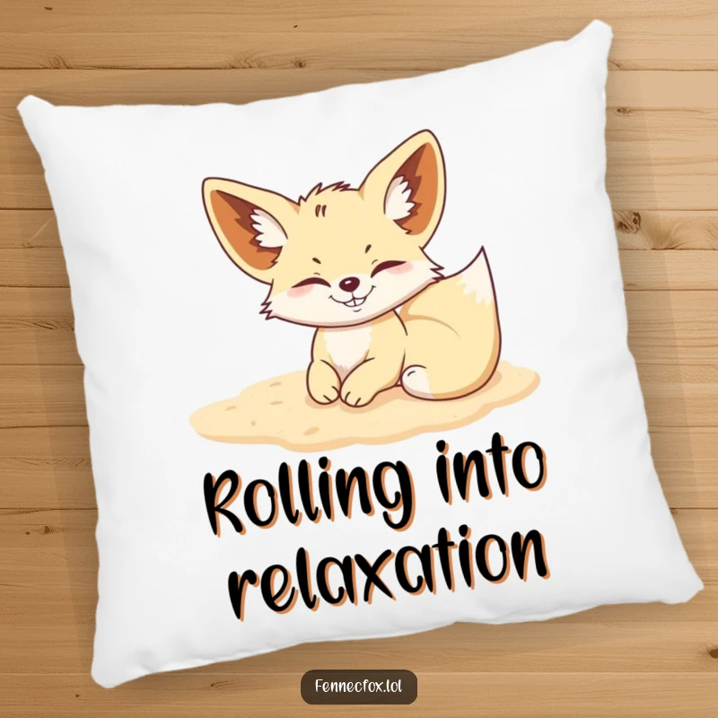 Funny Fennec Fox pillow with a mischievous fox rolling in soft sand, perfect for cozy, joyful decor.