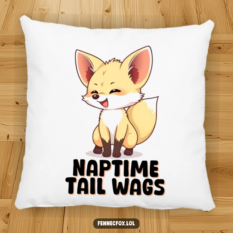Funny Fennec Fox Pillow showcasing an excited fennec fox with its tail wagging joyfully, offering a soft and humorous decorative touch.