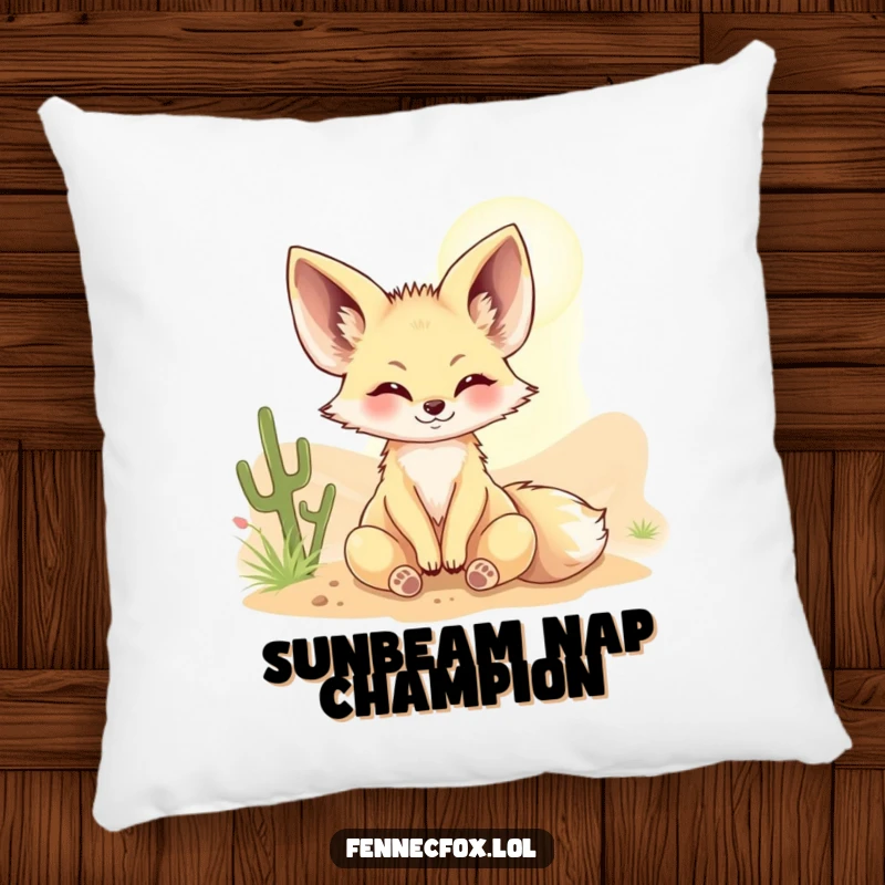 Funny Fennec fox pillow featuring a character blissfully basking in a sunbeam, providing a humorous and cozy touch to any room.
