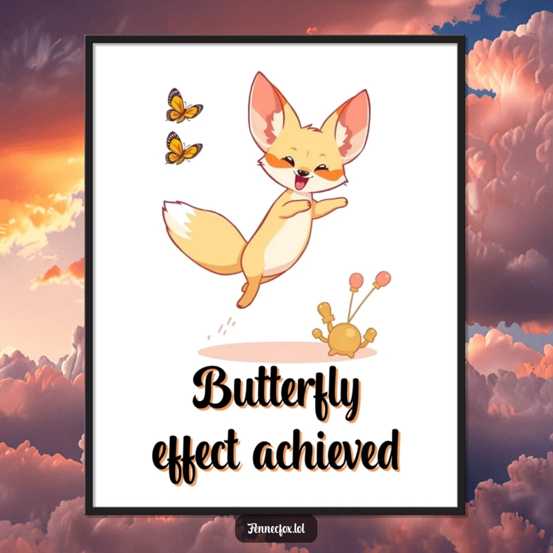 Funny digital art print of a fennec fox joyfully leaping into the air, chasing a desert butterfly.